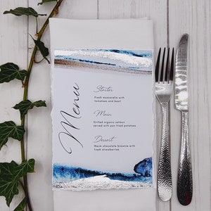 Seelandschaft Aquarell individuelle Menüs mit Blattsilber oder Gold und weichen Hand gerissenen Kanten, Barkarte, 2 Größen, Hochzeit, Dinner-Party
