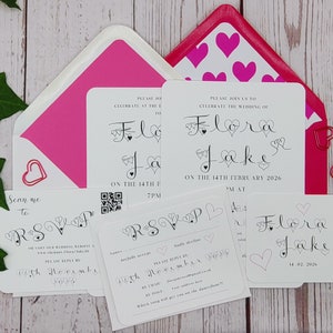 Suite de invitación de boda de corazón rosa con confirmaciones de asistencia y sobres, boda de San Valentín, tarjeta de arte de lujo, caligrafía, lindo