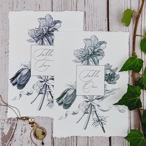 Tarjetas de números de mesa florales botánicas vintage con bordes Deckled, estilo rococó, tarjeta de arte de trapo de algodón de lujo