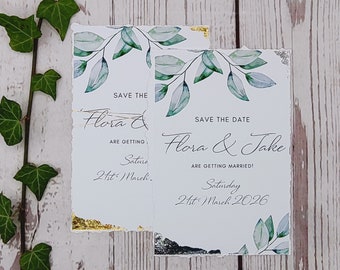 Watercolour leafy Save the Dates with gold or silver leaf, deckled edges and envelopes, greenery, garden, barn wedding