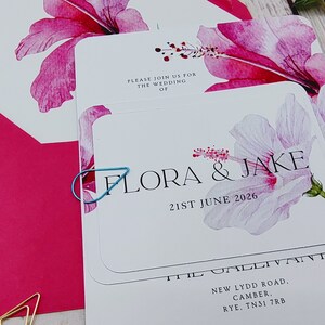 Tropical Hibiscus wedding invitations with rounded corners or Deckled edges, ribbon or clips, customisable, destination wedding image 3