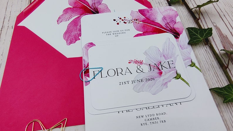 Tropical Hibiscus wedding invitations with rounded corners or Deckled edges, ribbon or clips, customisable, destination wedding image 3