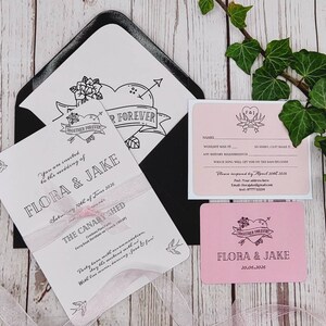 Vintage Tattoo Hochzeitseinladung Set: Herzen & Rosen, Rockabilly