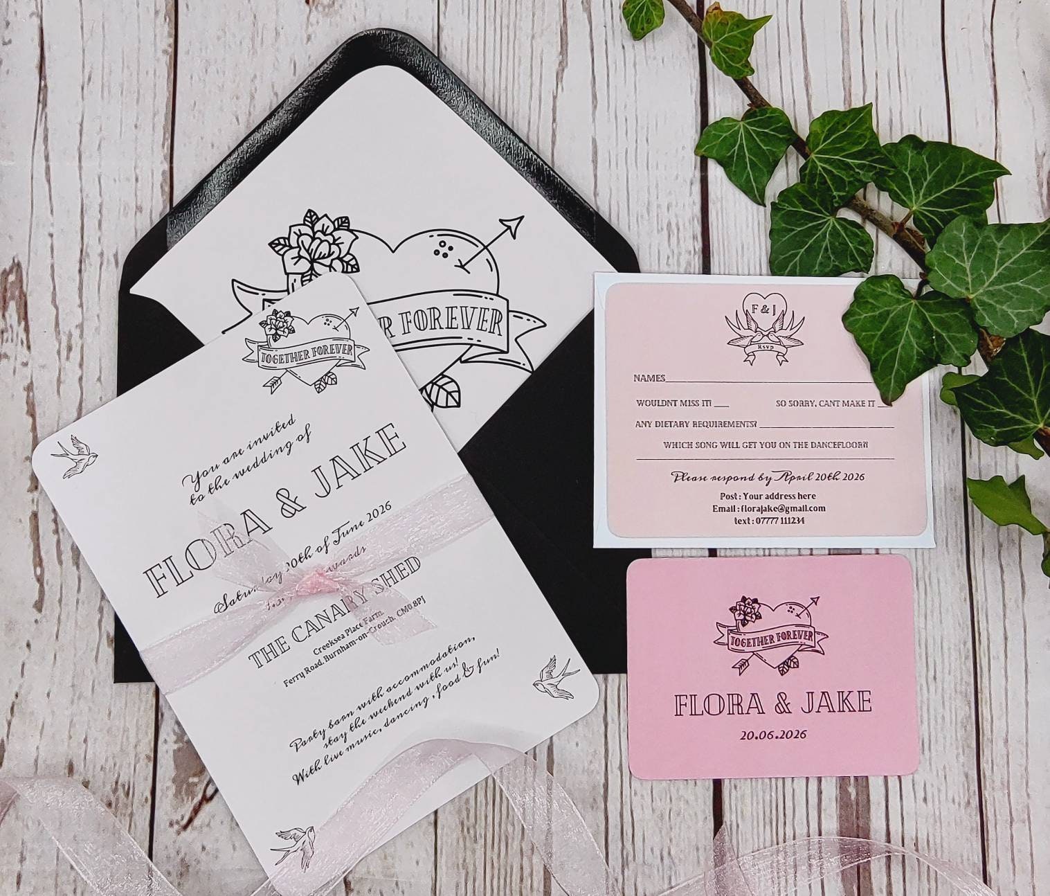 Vintage Tattoo Wedding Invitation Suite: Hearts & Roses, Rockabilly