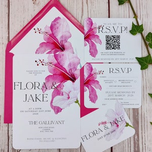 Tropical Hibiscus wedding invitations with rounded corners or Deckled edges, ribbon or clips, customisable, destination wedding image 1