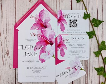 Tropical Hibiscus wedding invitations with rounded corners or Deckled edges, ribbon or clips, customisable, destination wedding