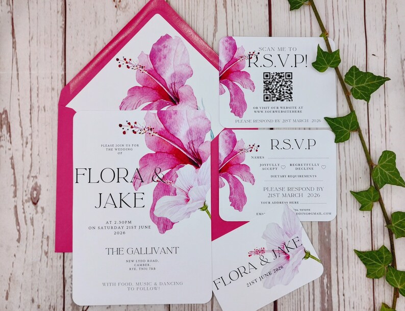 Tropical Hibiscus wedding invitations with rounded corners or Deckled edges, ribbon or clips, customisable, destination wedding image 1