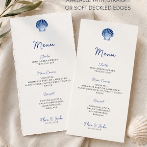 Personalised Beach Wedding Menu Cards, Coastal Shell Design, Destination Ocean Table Decor