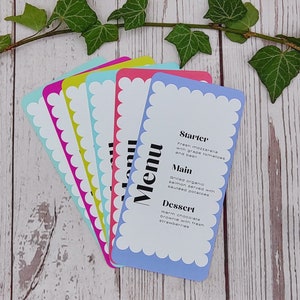 Cartes de menu de pétoncles lumineuses, menus personnalisés imprimés, réglages de table de mariage, menus individuels, funky