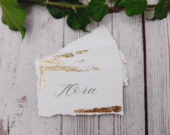 Wedding placename cards with gold leaf and hand torn edges, silver leaf place cards, luxury art card, dinner party , anniversary dinner