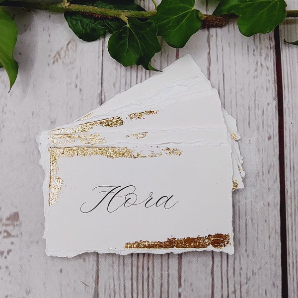 Wedding placename cards with gold leaf and hand torn edges, silver leaf place cards, luxury art card, dinner party , anniversary dinner