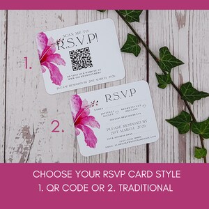 Tropical Hibiscus wedding invitations with rounded corners or Deckled edges, ribbon or clips, customisable, destination wedding image 8