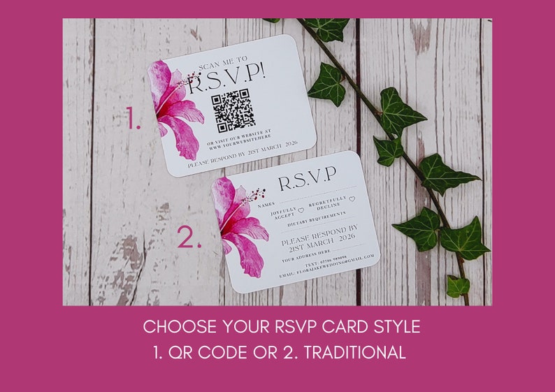 Tropical Hibiscus wedding invitations with rounded corners or Deckled edges, ribbon or clips, customisable, destination wedding image 8