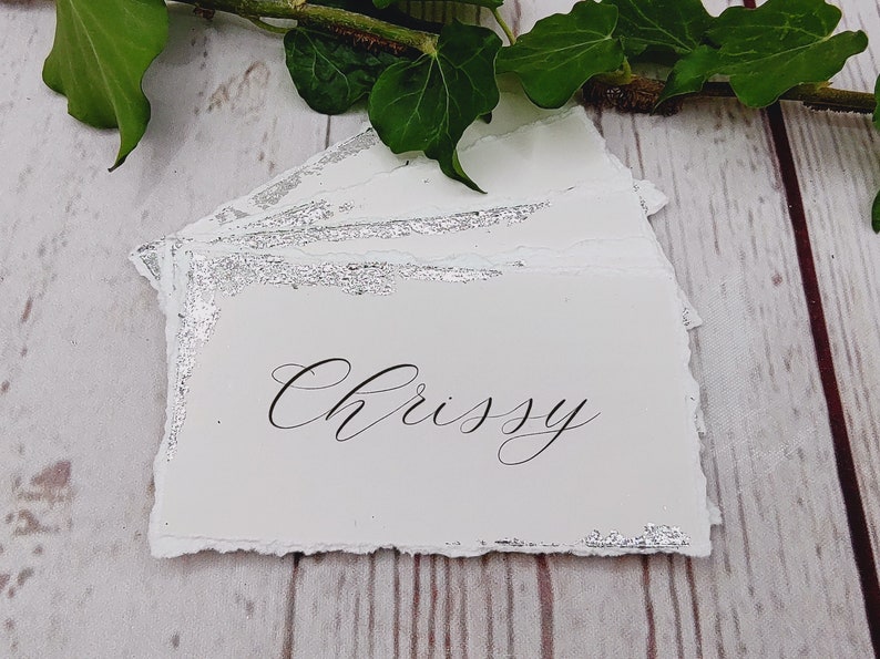 Wedding placename cards with gold leaf and hand torn edges, silver leaf place cards, luxury art card, dinner party , anniversary dinner Silver leaf