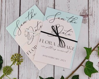 Modern statement Save the Dates with ribbon, pearlescent card, stylish, contrast envelopes