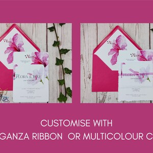 Tropical Hibiscus wedding invitations with rounded corners or Deckled edges, ribbon or clips, customisable, destination wedding image 5