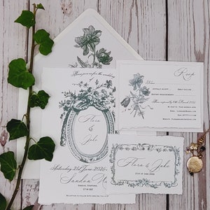Rokoko Hochzeitseinladungen mit Band, Barock einladen, Blumen, Fine Art Karte, Einladungspaket, Vintage Einladungspaket