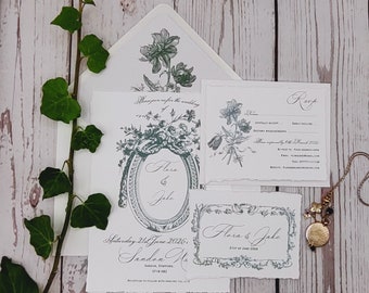 Rococo wedding invitations with ribbon, baroque invite, floral, fine art card, invitation suite, vintage invitation suite