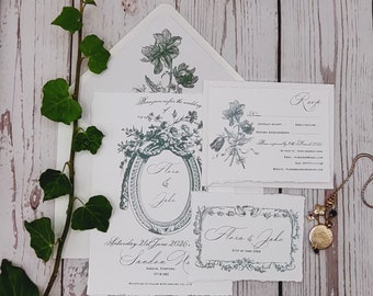 Rococo Floral Wedding Invitation Suite: Fine Art Card with Ribbon