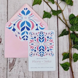 Tile inspired Save the Date with envelope liners, pinks,blues, destination, Moroccan