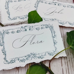 Rococo place cards with soft torn edges, baroque wedding place settings, French style, floral border,cotton rag art card