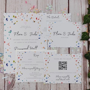 Convites de casamento com confetes, RSVPs, forros de envelope, semi-personalizáveis, peculiares, divertidos!