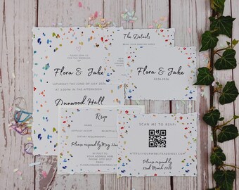 Confetti wedding invitations with RSVPs, envelope liners, semi-customisable, quirky, fun!