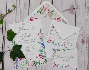 Vintage wildflower wedding invitations & RSVPs, soft hand torn edges,outdoor wedding, greenery, watercolour invite, luxury card