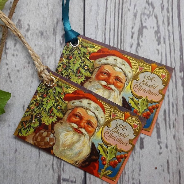 Vintage Santa Claus Christmas Gift Tags with brass eyelets and ribbon or twine ties, gift wrap ideas