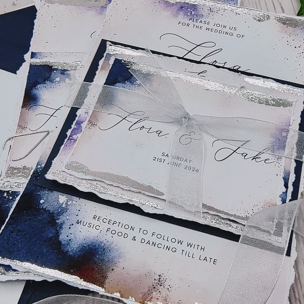 Twilight watercolour wedding invitations with silver leaf, with deckled edges, ethereal invitations, clouds, qr code rsvp, night sky
