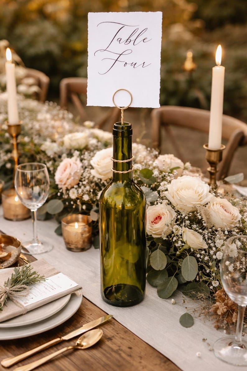 May include: A table setting with a green wine bottle used as a table number holder. The card reads "Table Four" in elegant script. The table is decorated with flowers, candles, and gold accents, creating a romantic ambiance.