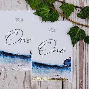 Handmade Watercolor Seascape Table Number Cards with Gold Leaf (A6)