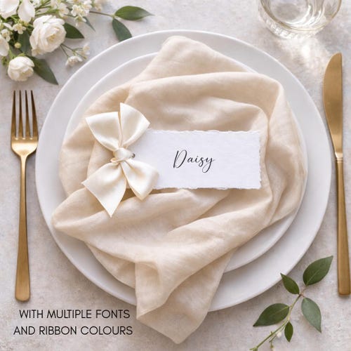 Wedding Place Cards with Ribbon Bows, Deckled Edge Cards, Personalised Calligraphy