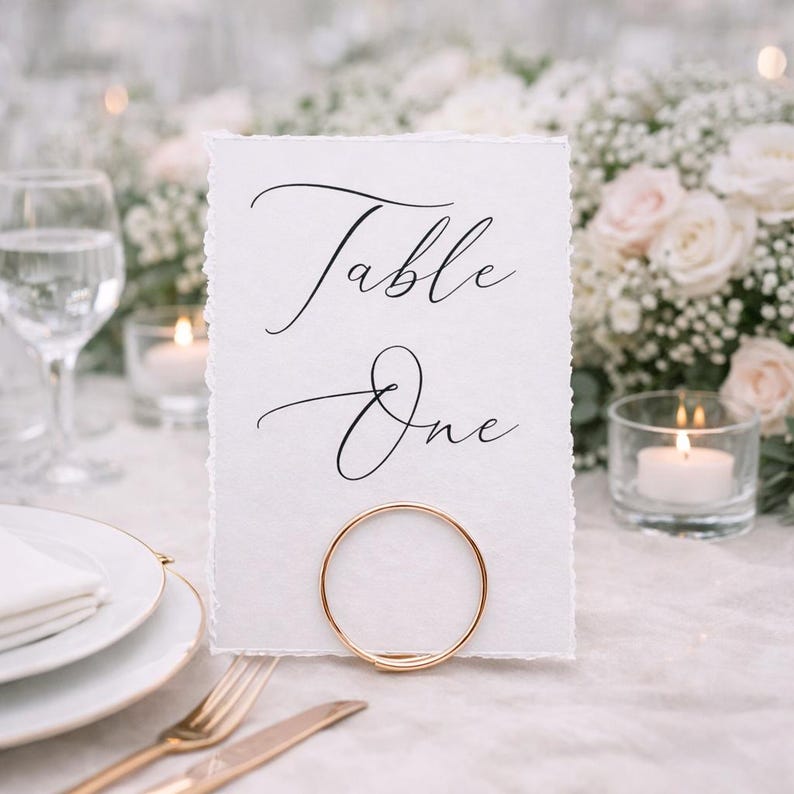 Op de afbeelding: Een witte tafelkaart met de woorden "Table One" in zwarte letters. Een gouden ring houdt de kaart vast. De setting omvat kaarsen, bloemen en couverts, wat wijst op een bruiloft of evenement.