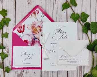 Calligraphy wedding invitation suite with ribbon bows & soft torn edges, envelope liners, luxury card, vintage, stylish