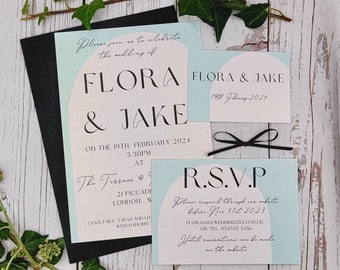 Statement colour block wedding invitations with RSVPs and ribbon ties, pink and blue invitations, customisable, pearlescent