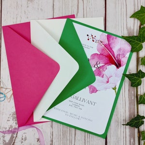 Tropical Hibiscus wedding invitations with rounded corners or Deckled edges, ribbon or clips, customisable, destination wedding image 10