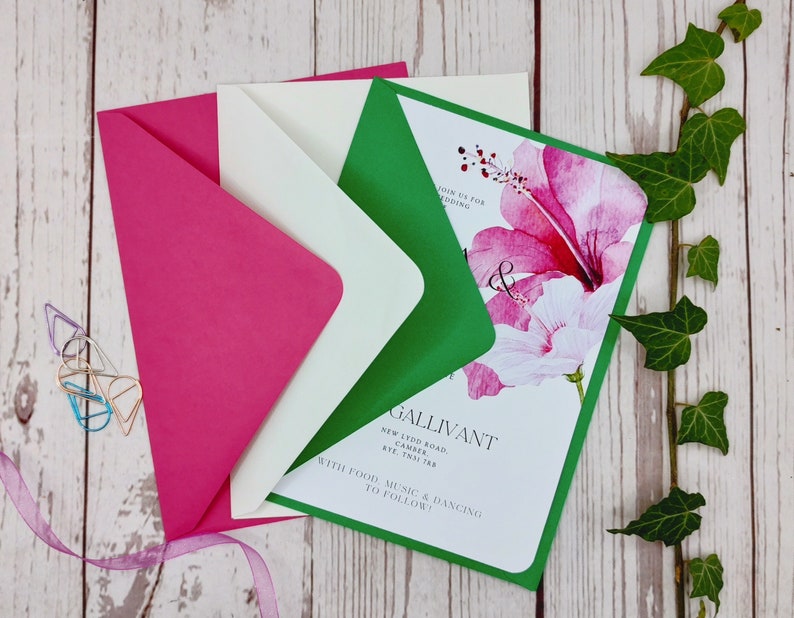 Tropical Hibiscus wedding invitations with rounded corners or Deckled edges, ribbon or clips, customisable, destination wedding image 10