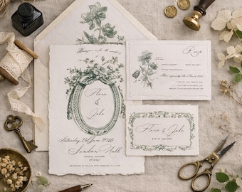 Set di inviti per matrimonio in stile rococò, stile botanico francese, bordo frastagliato, cancelleria per matrimonio di lusso