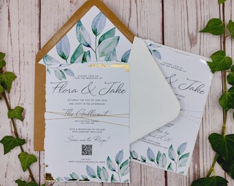 Watercolour wedding invitations with gold leaf and metallic twine, soft torn edges, qr code, greenery, barn wedding, garden, all in one