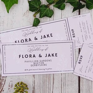 Pretty pastel ticket style wedding invitations with perforated tear off Rsvp, fun, festival, outdoor wedding, chic image 3