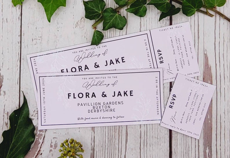 Pretty pastel ticket style wedding invitations with perforated tear off Rsvp, fun, festival, outdoor wedding, chic image 3