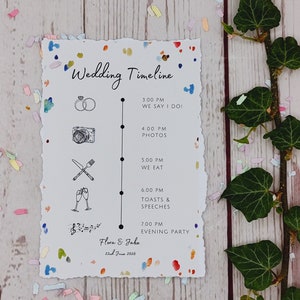 Confetti-huwelijkstijdlijn, gepersonaliseerde uitnodigingskaart, volgorde van de dag, individuele tijdlijnen, eigenzinnig, leuk, zachte gescheurde randen