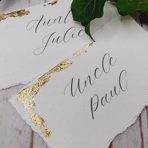 Wedding placename cards with gold leaf and hand torn edges, silver leaf place cards, luxury art card, dinner party , anniversary dinner image 5