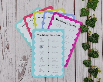 Tarjetas de cronología de boda con vieiras coloridas: Orden del día personalizado