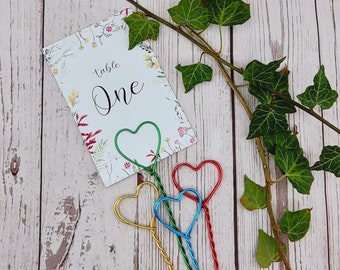 Wedding stick in love heart table number holders, choice of lengths, over 20 colours! Floral arrangements, bottles (No bases, stick in)