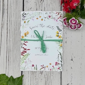 Watercolour hedgerow flowers Save the Dates with hand torn edges, countryside, wildflowers, greenery