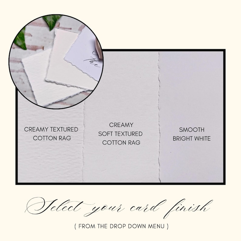 May include: Three paper samples with deckled edges labelled as Creamy Textured Cotton Rag, Creamy Soft Textured Cotton Rag, and Smooth Bright White. The text Select your card finish from the drop down menu is displayed at the bottom of the image.