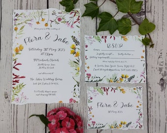 Watercolour wildflower wedding invitations with RSVPs, rustic floral invitation, garden wedding, vintage