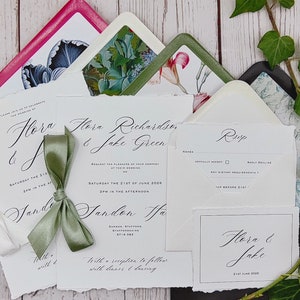Calligraphy wedding invitation suite with ribbon bows & soft torn edges, envelope liners, luxury card, vintage, stylish